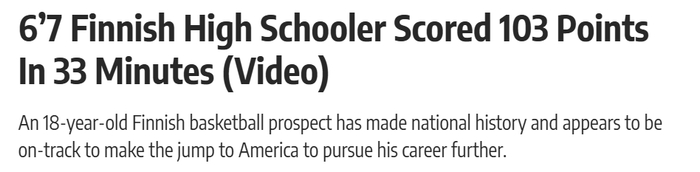 芬兰U19前锋南蒂-鲁希拉赫蒂单场103分创纪录